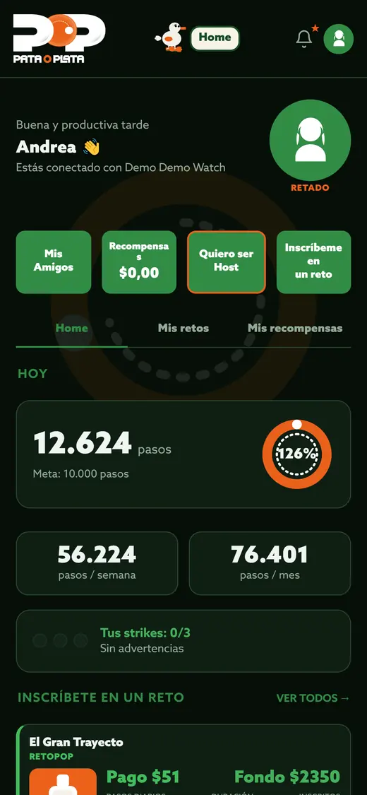 Pantalla de inicio de la app con los pasos del día y la meta de 10.000 pasos